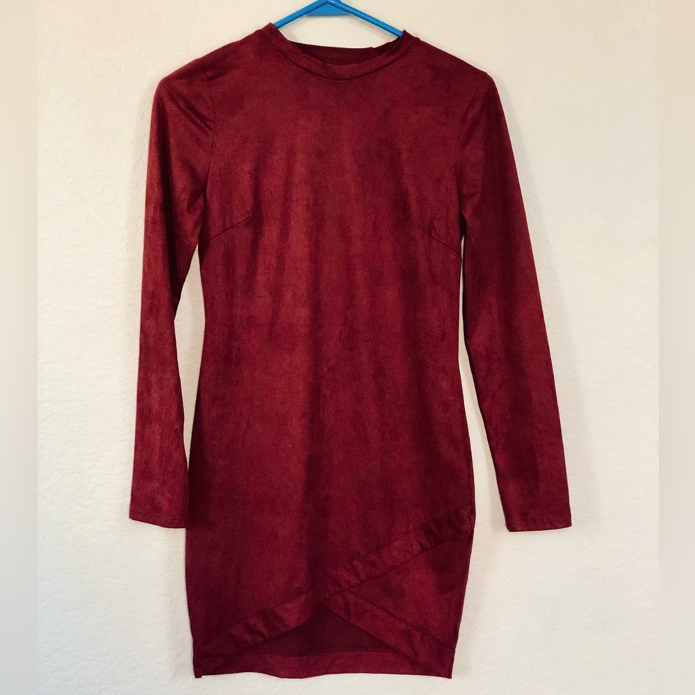 Iris Maroon Dress Faux Suede Bodycon Long-Sleeve size Small